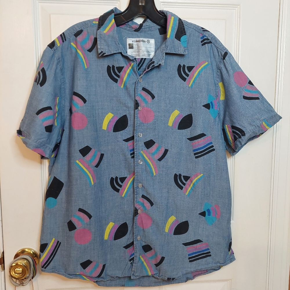 #takepride Geometric Gay Pride Flag Blue Button Up Short Sleeve Shirt Size L